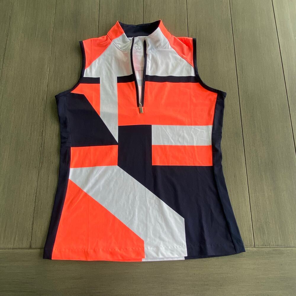 Tail Sleeveless Golf Shirt • Small • Half‑Zip Mock Neck Orange Navy White Panels